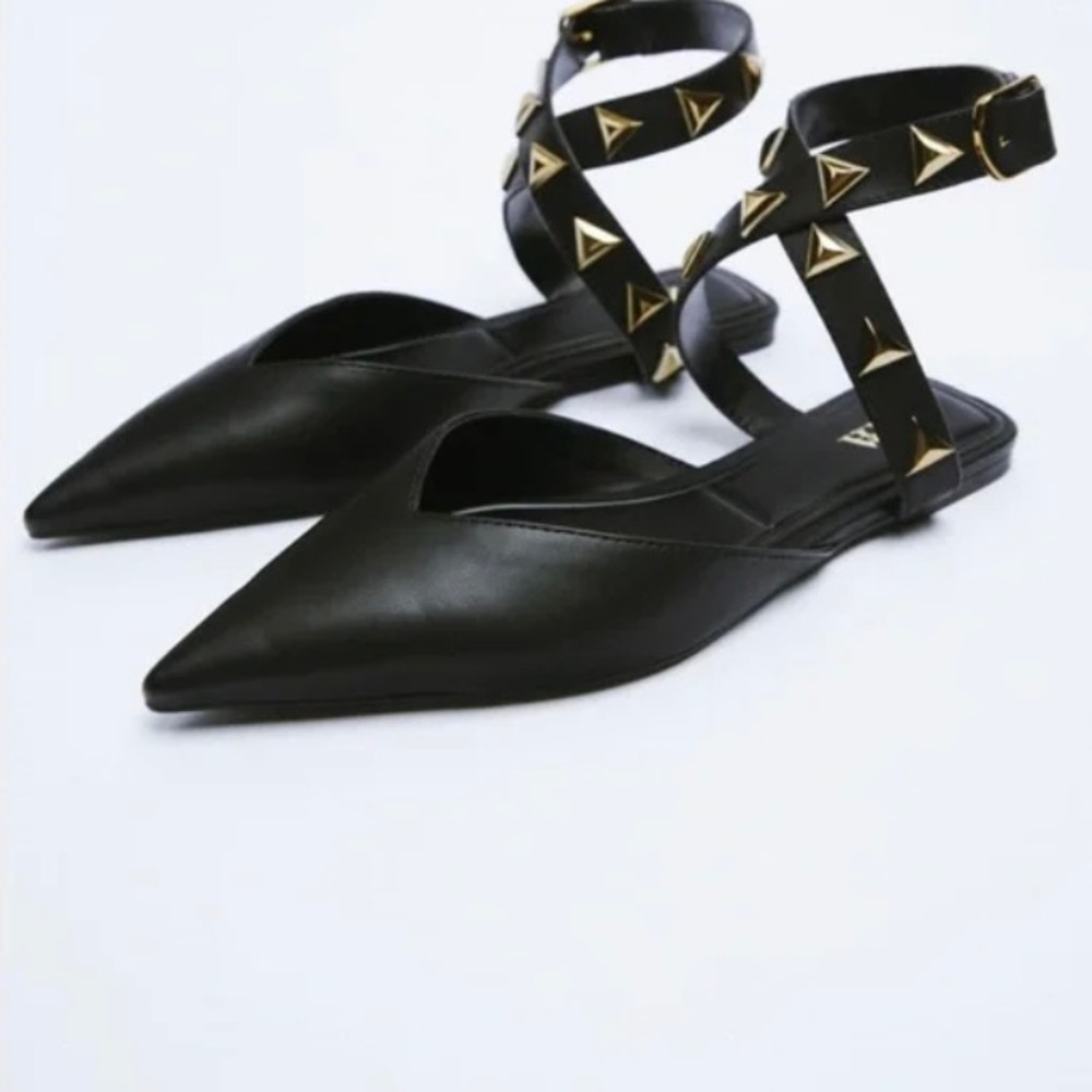 Zara Black Pointy Studed Flats Size 7.5